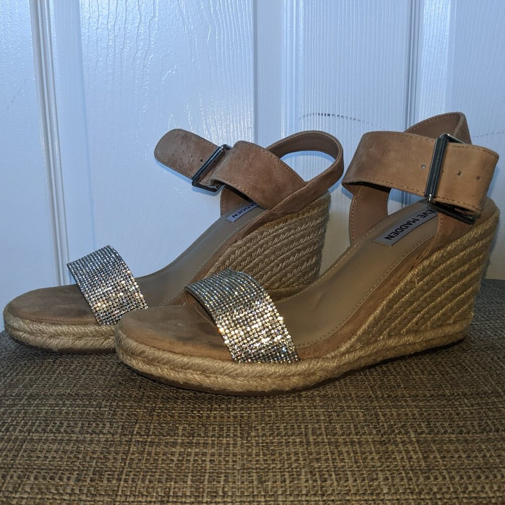 Suede Strap, Jewel Toe Strap, Wicker Wedge Heel